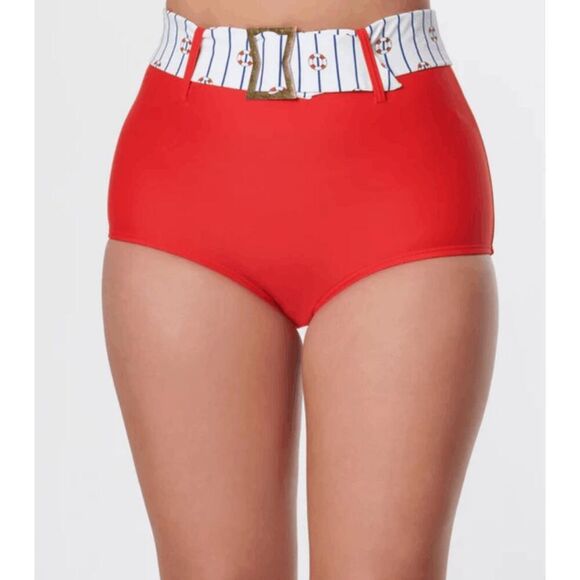 Unique Vintage High Waist Red Bikini Bottom 2X | Nautical Belt | Plus Size Swim - Picture 1 of 5